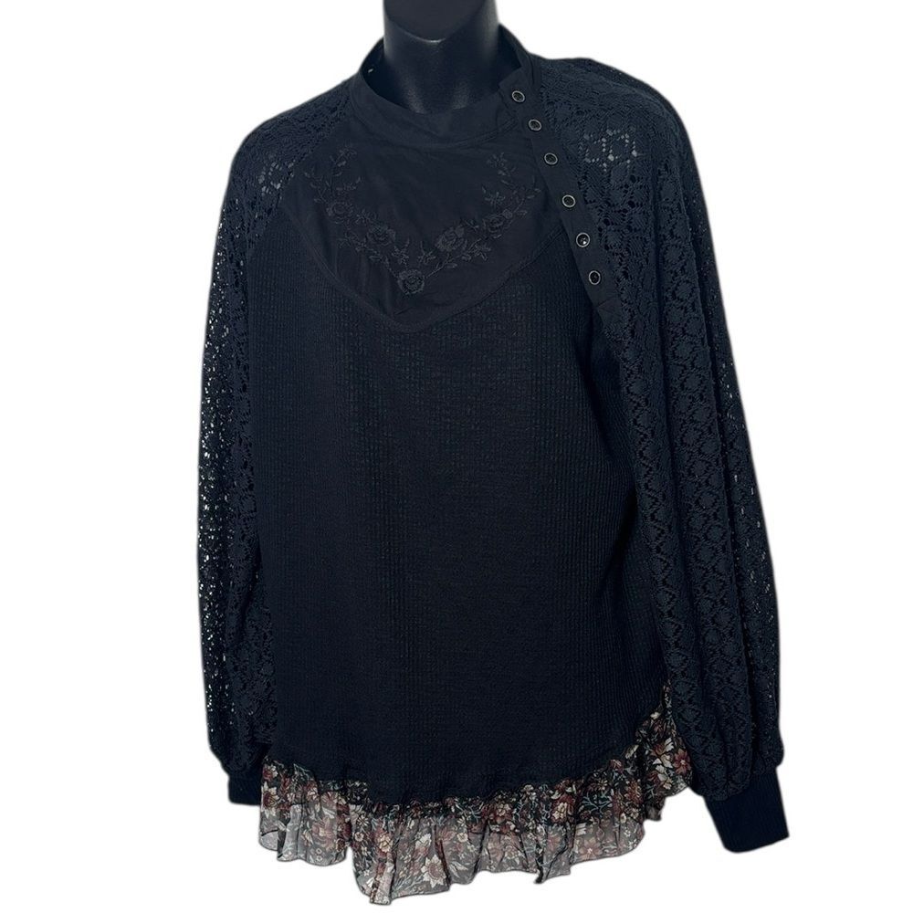 Free people women’s medium sweetest thing black‎ crochet top embroidered boho